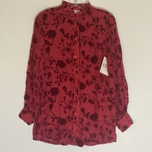 Jaclyn Smith Top Womens Small Red Velvet Burnout Floral Sheer Long Sleeve Classy